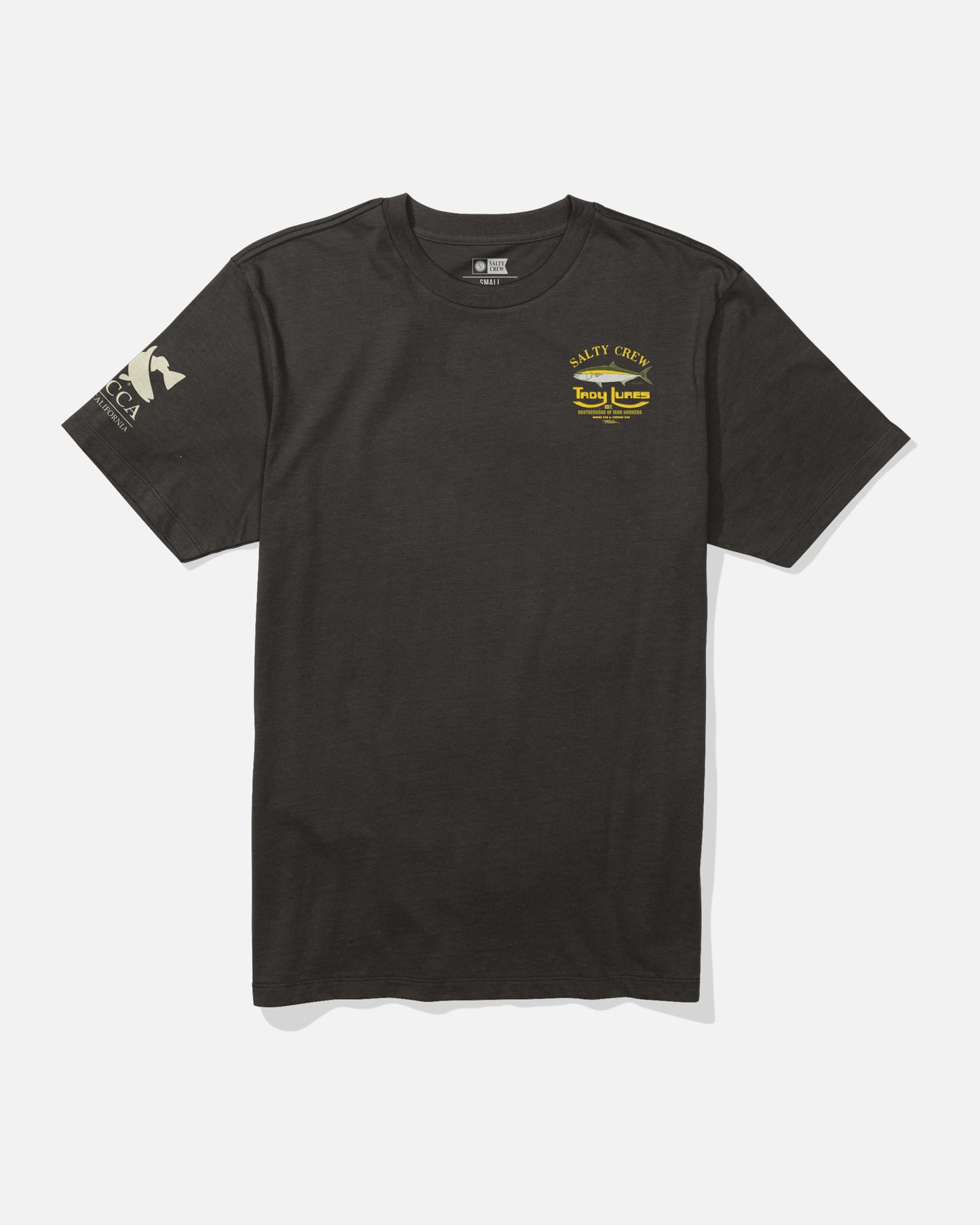 Front view of black Tady x Salty Crew Brotherhood Tee with a small yellow chest logo