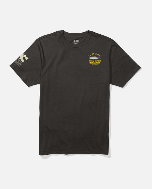 Front view of black Tady x Salty Crew Brotherhood Tee with a small yellow chest logo