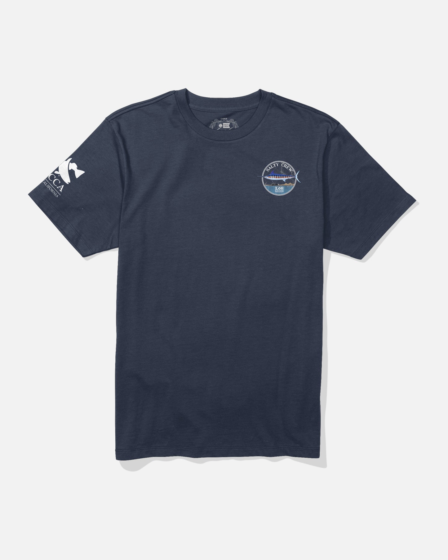 Navy Los Locos x Amadeo Tee with small circular fish logo on left chest