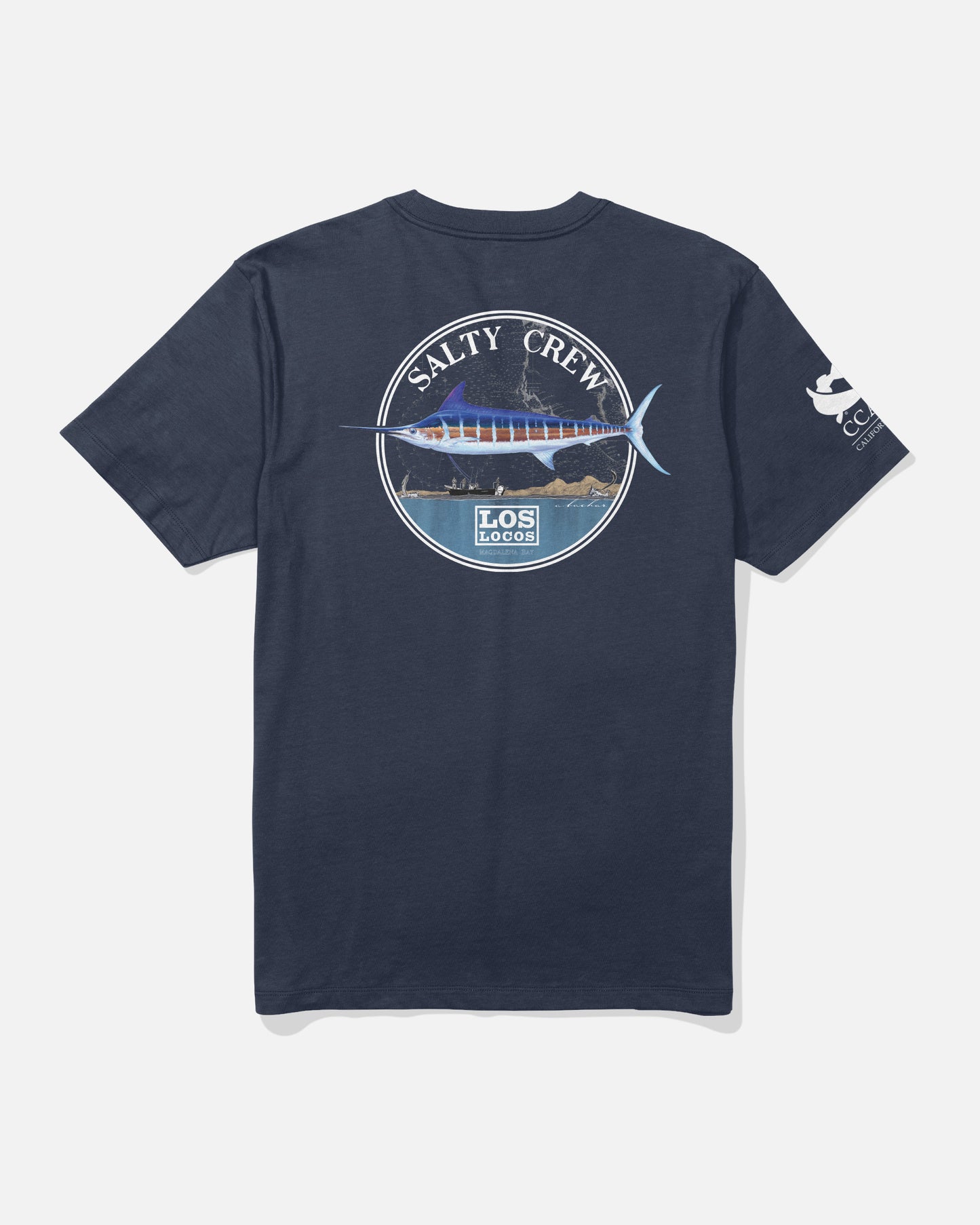 Navy Los Locos x Amadeo Tee with large circular marlin graphic on back