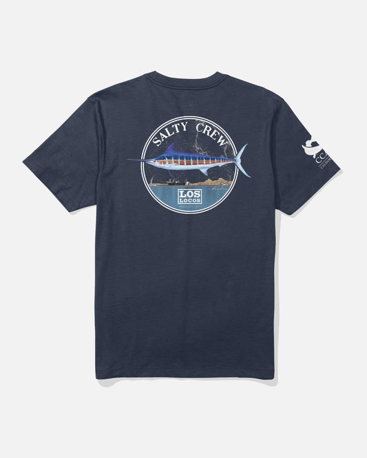 Navy Los Locos x Amadeo Tee with large circular marlin graphic on back