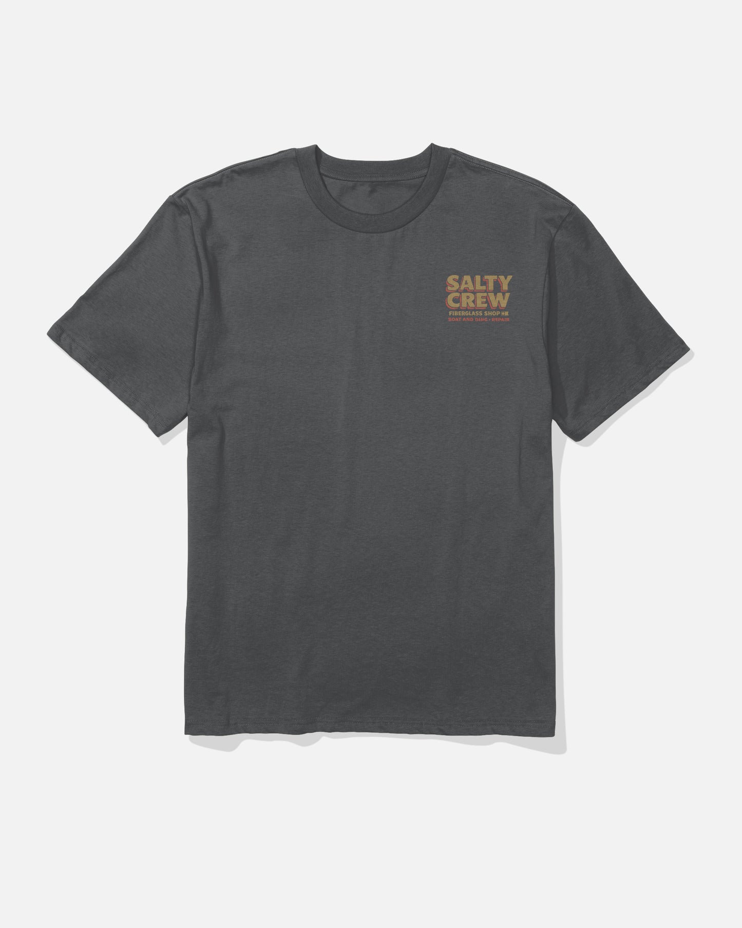 The Salty Crew Fiberglass Heavyweight Tee in washed black features the brand name in yellow with smaller orange text below on the upper left chest. The T-shirt is shown laid flat on a white background.