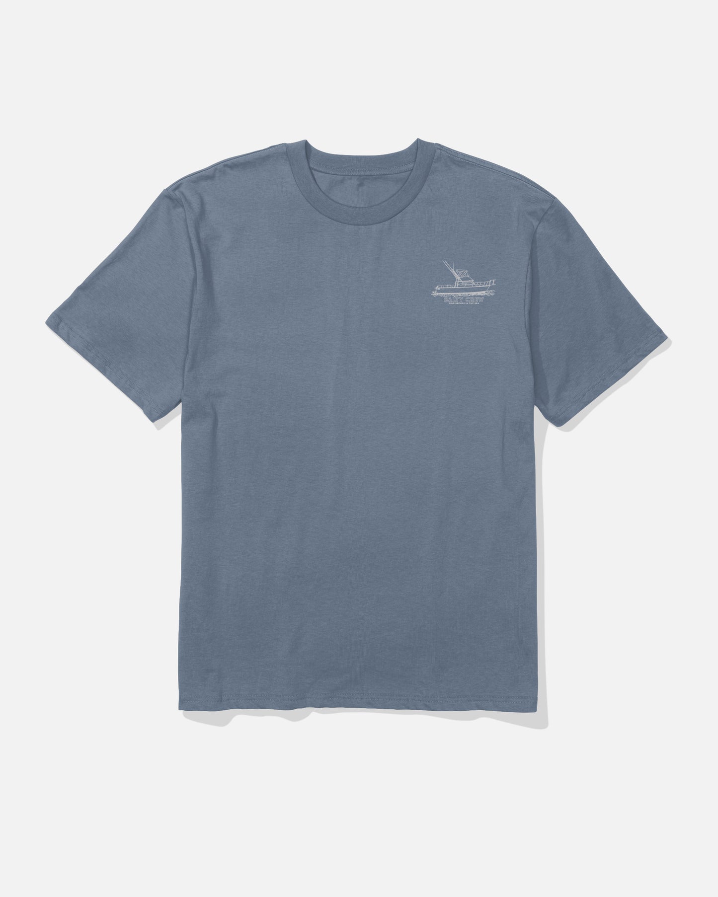 The Salty Crew Vessel Heavyweight Tee in Washed Blue features short sleeves and a small white graphic with text on the left chest, shown laid flat against a light background.