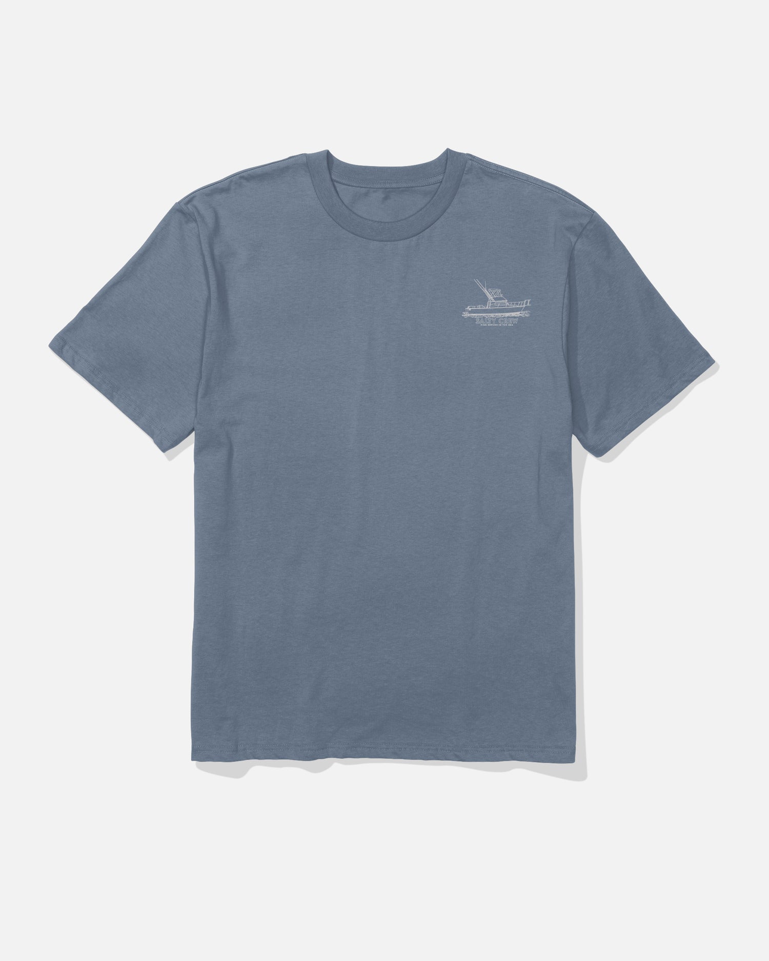 The Salty Crew Vessel Heavyweight Tee in Washed Blue features short sleeves and a small white graphic with text on the left chest, shown laid flat against a light background.