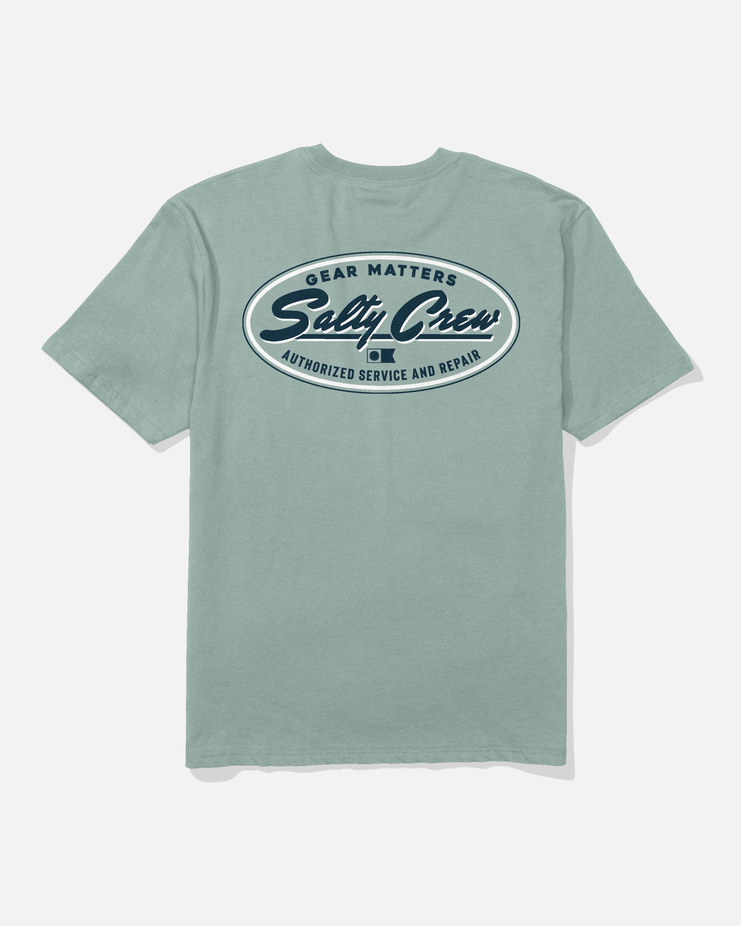 A washed steel grey Service Heavyweight Tee by Salty Crew shown from the back, featuring a large oval logo with "Gear Matters," "Salty Crew," and "Authorized Service and Repair" in navy blue and white text.