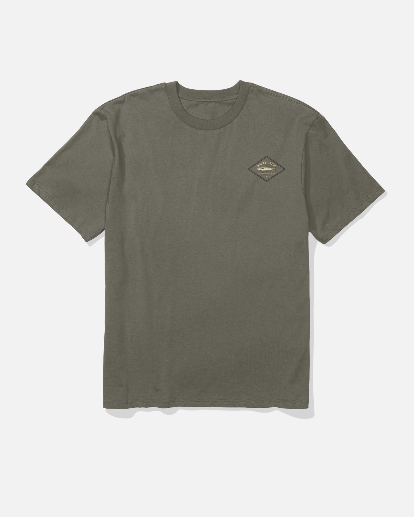 Salty Crew Yellowtail Heavyweight Tee in washed dusty olive, featuring a small diamond-shaped logo on the left chest, shown laid flat on a white background.