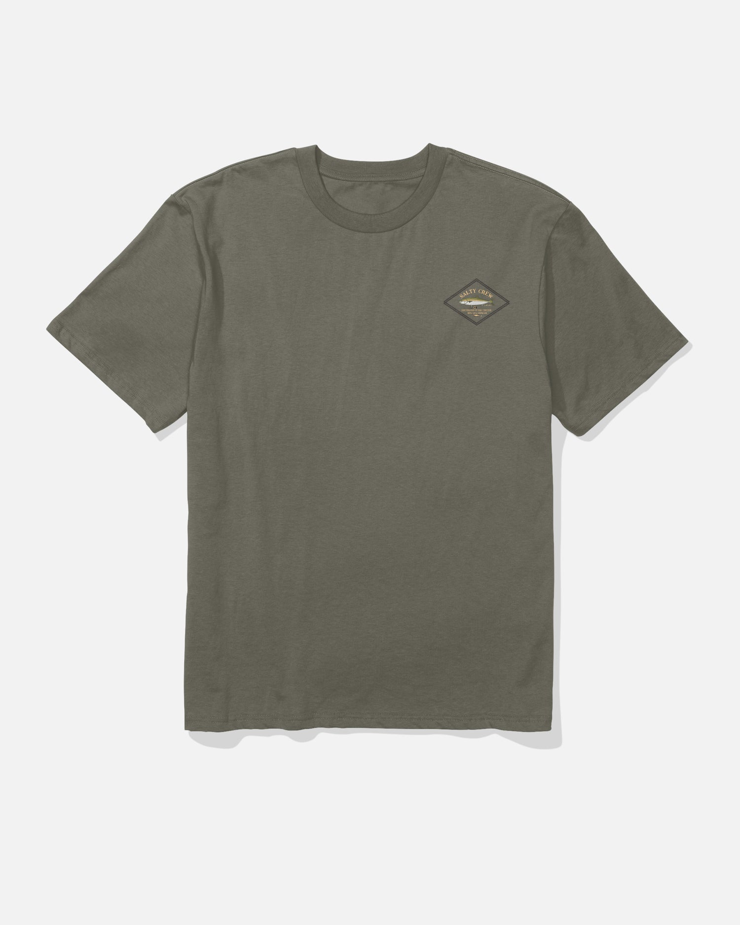 Salty Crew Yellowtail Heavyweight Tee in washed dusty olive, featuring a small diamond-shaped logo on the left chest, shown laid flat on a white background.