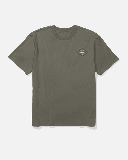Salty Crew Yellowtail Heavyweight Tee in washed dusty olive, featuring a small diamond-shaped logo on the left chest, shown laid flat on a white background.