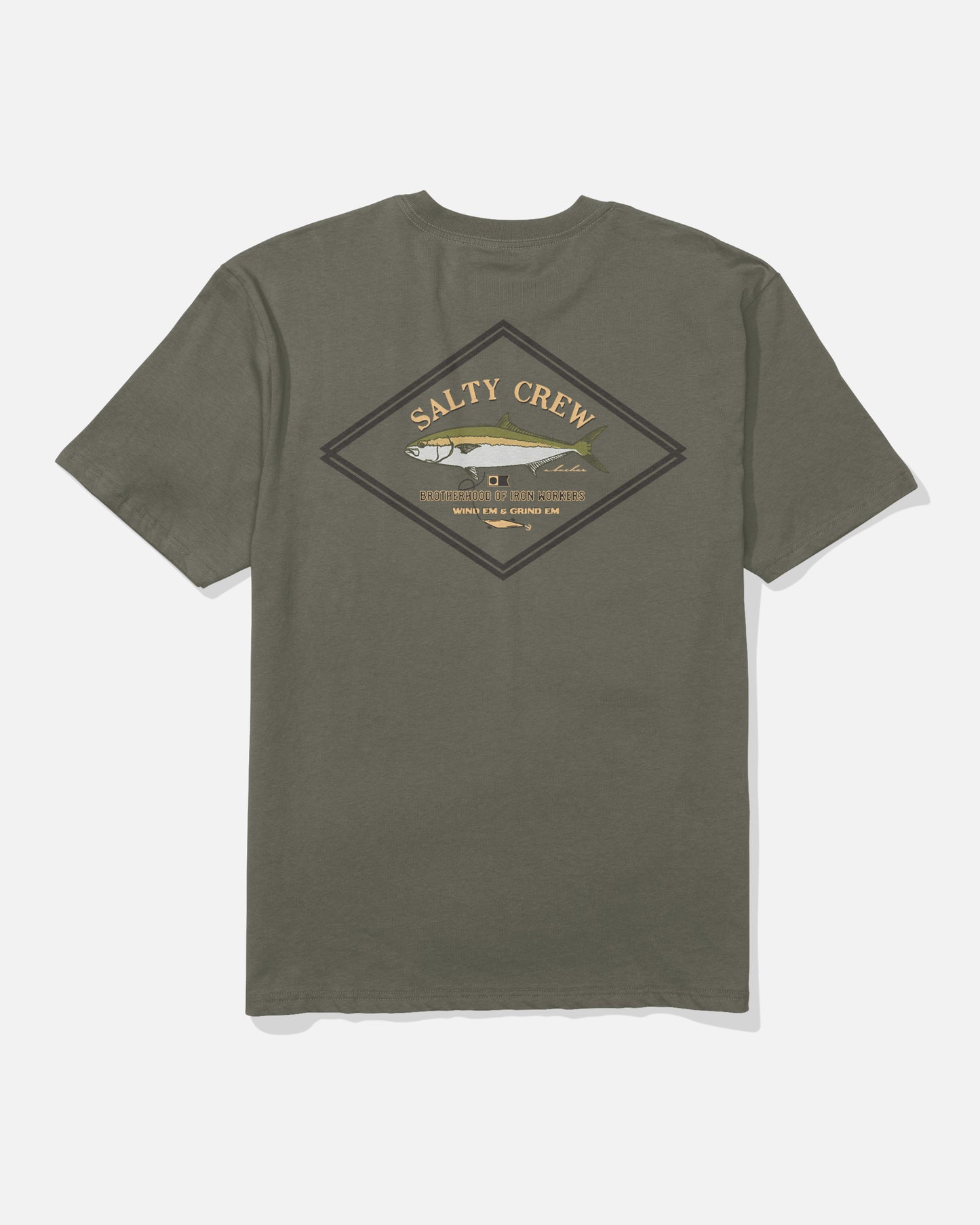 The Salty Crew Yellowtail Heavyweight Tee in washed dusty olive is a short-sleeve shirt with a large diamond-shaped graphic on the back, featuring stylized fish and nautical details in tan, yellow, and brown tones.