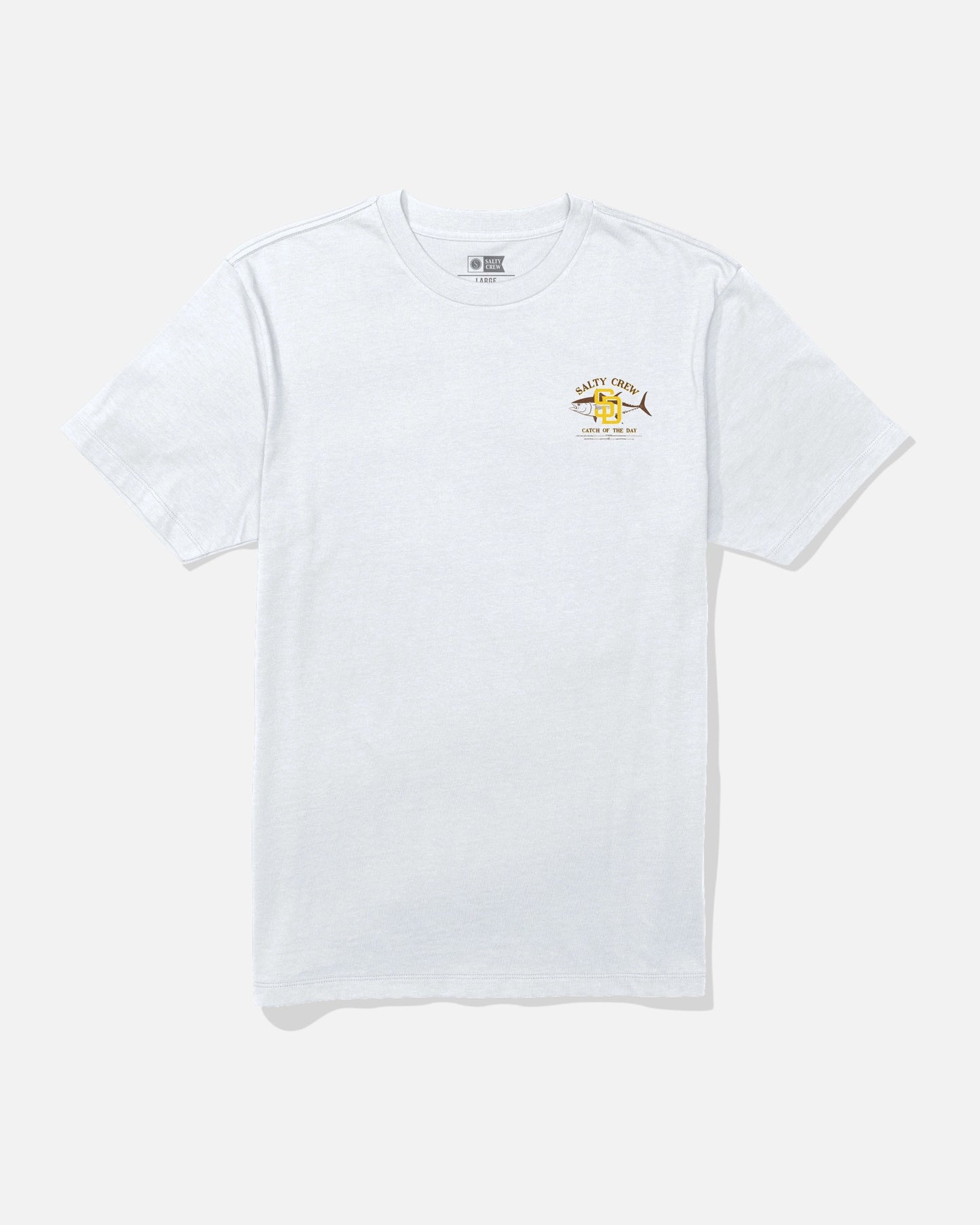 The Padres Catch of the Day Tee by Salty Crew is a limited edition white short-sleeve t-shirt featuring a small, colorful Salty Crew graphic and text on the left chest. The shirt is shown laid flat on a white background.