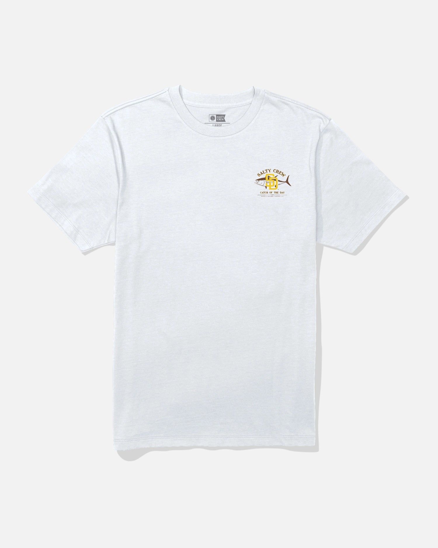 The Padres Catch of the Day Tee by Salty Crew is a limited edition white short-sleeve t-shirt featuring a small, colorful Salty Crew graphic and text on the left chest. The shirt is shown laid flat on a white background.