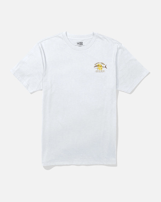 The Padres Catch of the Day Tee by Salty Crew is a limited edition white short-sleeve t-shirt featuring a small, colorful Salty Crew graphic and text on the left chest. The shirt is shown laid flat on a white background.