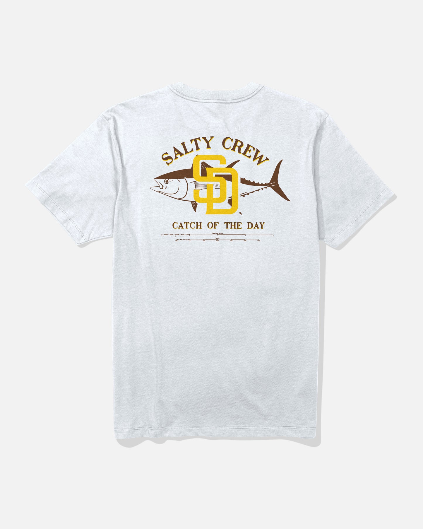 Introducing the Padres Catch of the Day Tee - White by Salty Crew. This limited edition t-shirt features a graphic on the back depicting a fish and a yellow anchor, with “SALTY CREW” above and “CATCH OF THE DAY” below the illustration. Designed to celebrate Salty Crew’s adventurous spirit.