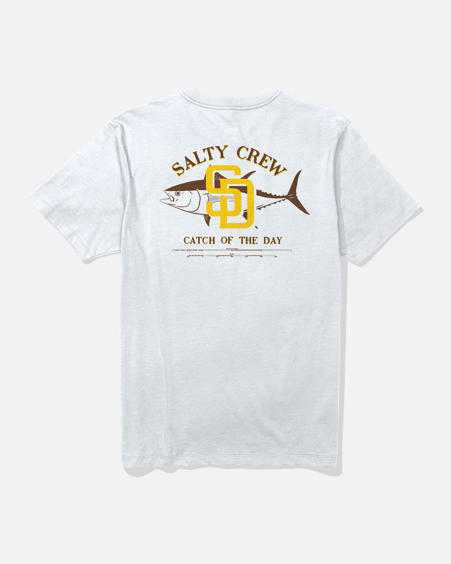 Introducing the Padres Catch of the Day Tee - White by Salty Crew. This limited edition t-shirt features a graphic on the back depicting a fish and a yellow anchor, with “SALTY CREW” above and “CATCH OF THE DAY” below the illustration. Designed to celebrate Salty Crew’s adventurous spirit.