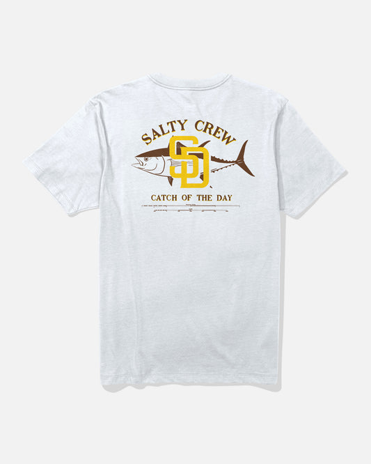 Introducing the Padres Catch of the Day Tee - White by Salty Crew. This limited edition t-shirt features a graphic on the back depicting a fish and a yellow anchor, with “SALTY CREW” above and “CATCH OF THE DAY” below the illustration. Designed to celebrate Salty Crew’s adventurous spirit.