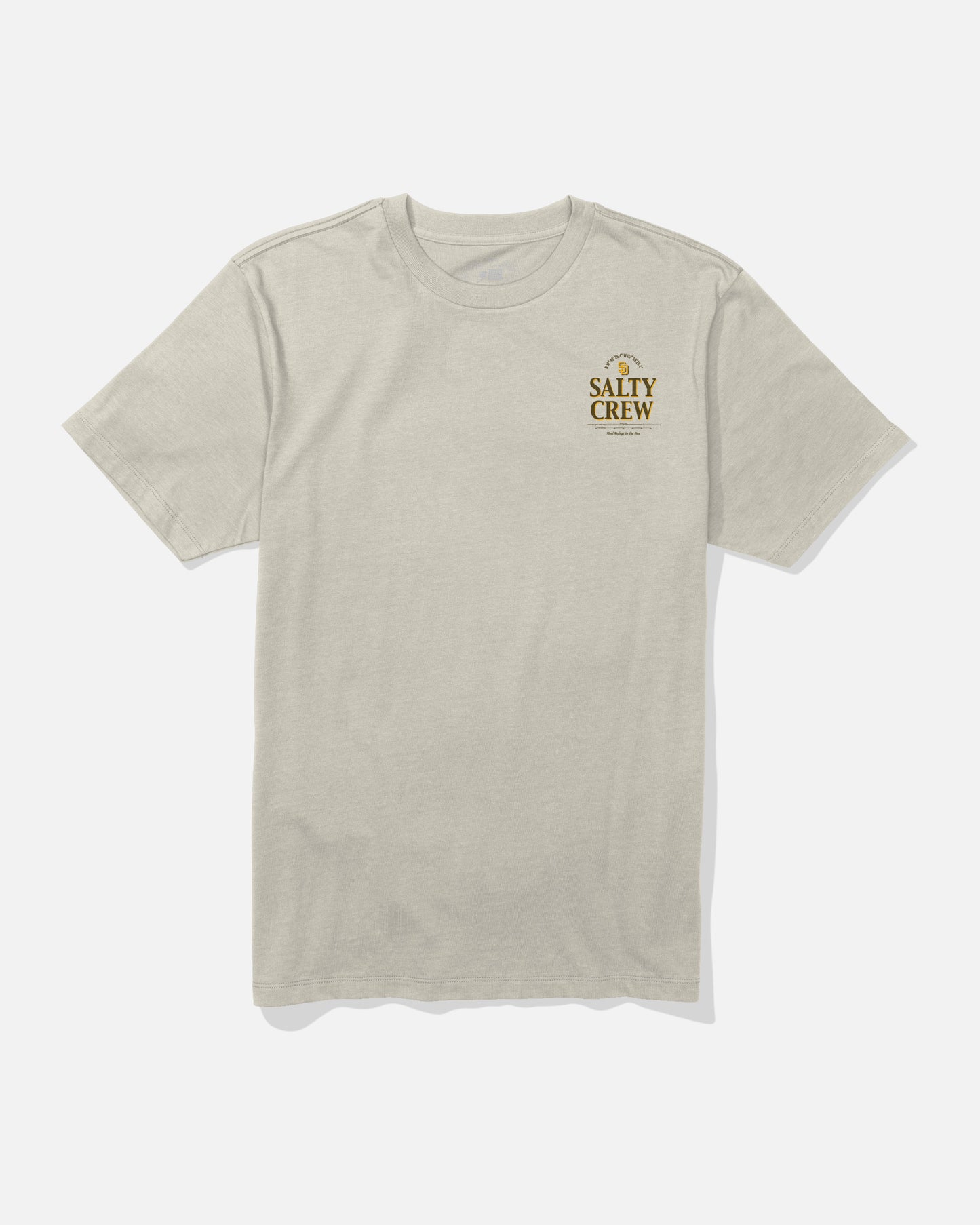 Padres Label Tee - Bone by Salty Crew, a light gray t-shirt featuring the Salty Crew logo and a small fish hook graphic above the left chest area. This limited edition shirt is displayed flat on a white background.