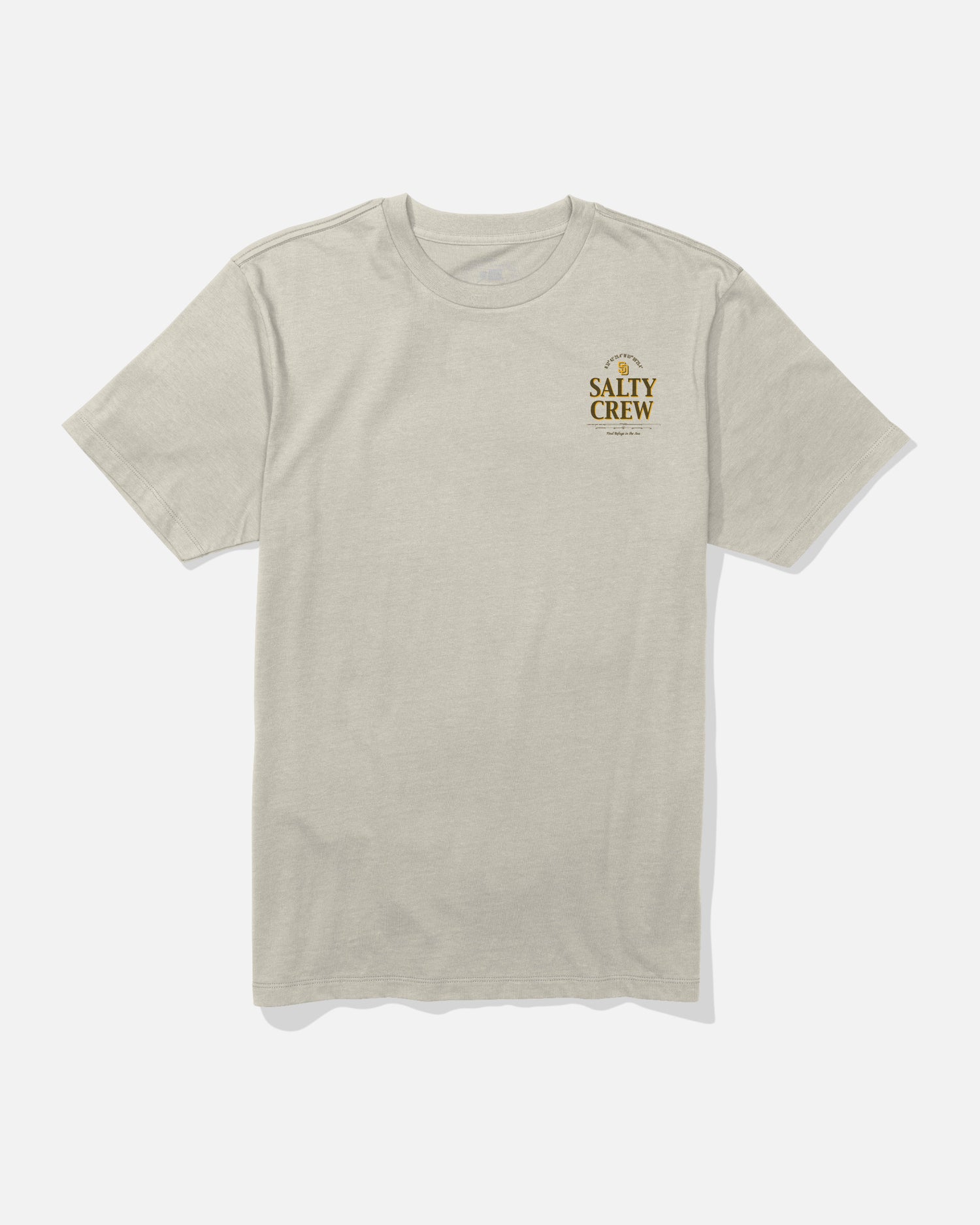 Padres Label Tee - Bone by Salty Crew, a light gray t-shirt featuring the Salty Crew logo and a small fish hook graphic above the left chest area. This limited edition shirt is displayed flat on a white background.