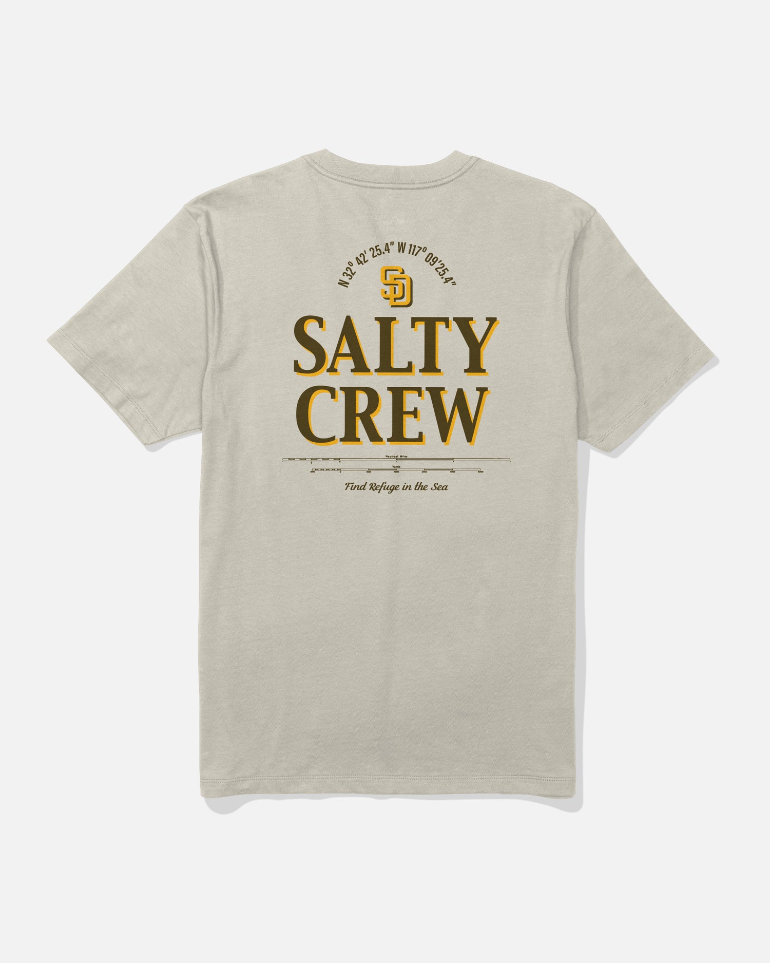 The Padres Label Tee - Bone by Salty Crew is a limited edition beige T-shirt featuring large yellow and black SALTY CREW lettering on the back, coordinates, a small logo, and the phrase “Find Refuge in the Sea”—a tribute to Salty Crew’s adventurous spirit and unique style.