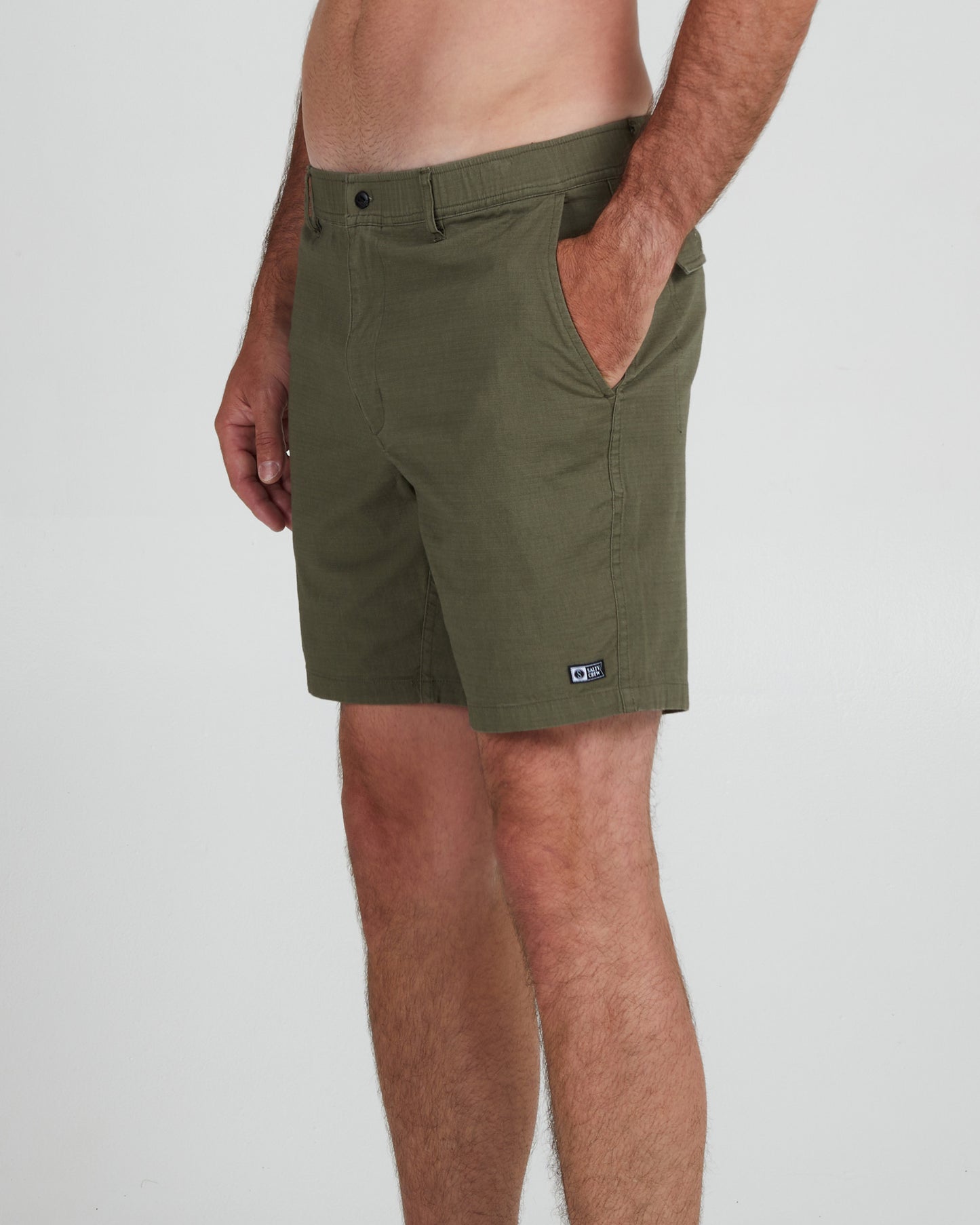 On body front angle of the Coastline Olive Ripstop Short