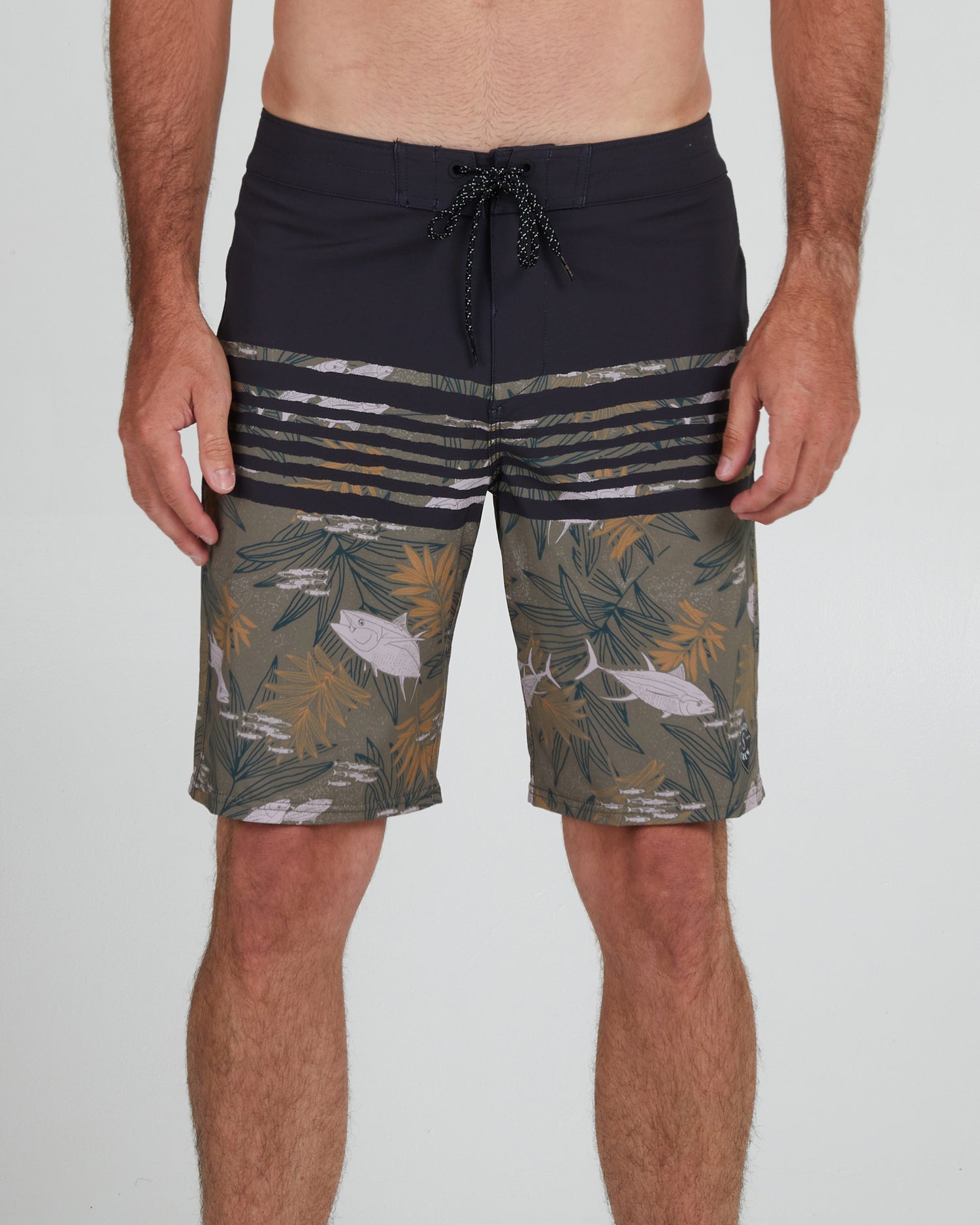 On body front of the Ripple Olive Boardshort