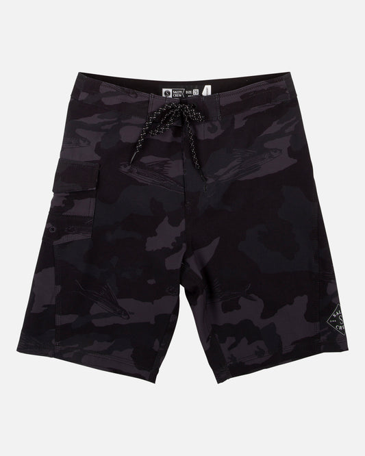 Front view of the Lowtide Boys Black Camo Boardshort. 