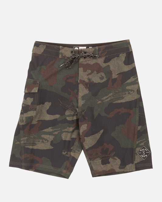 Front view of the Lowtide Boys Boardshort - Camo. 