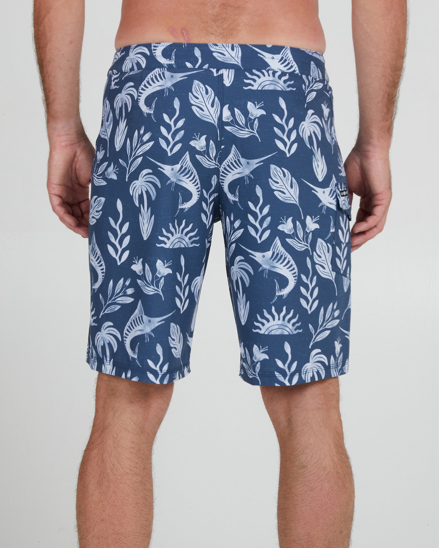 On body back of the Lowtide Denim/White Boardshort