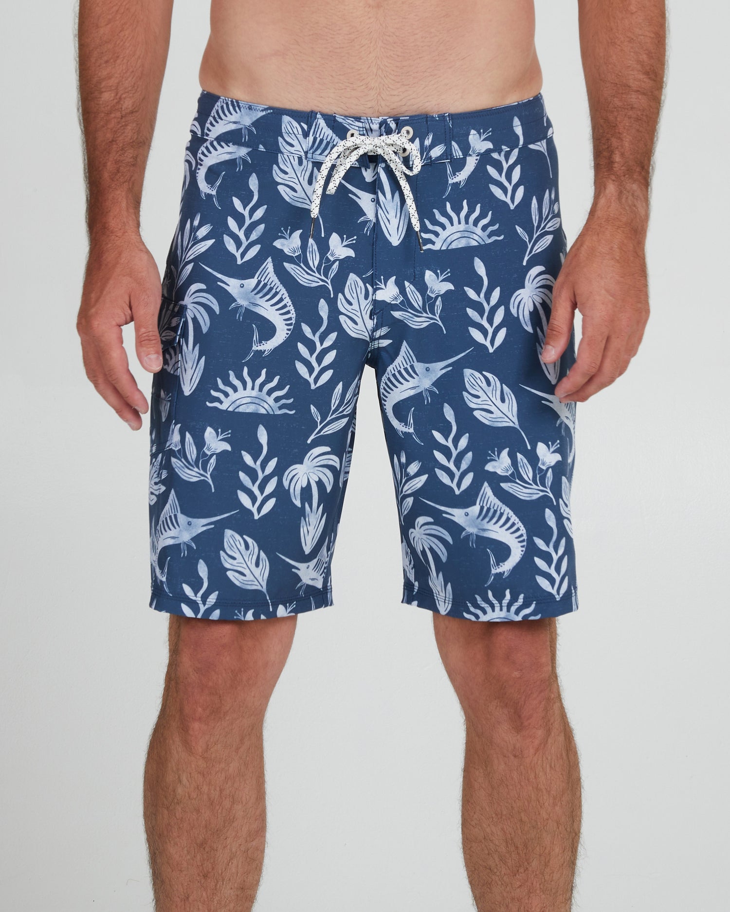 On body front of the Lowtide Denim/White Boardshort