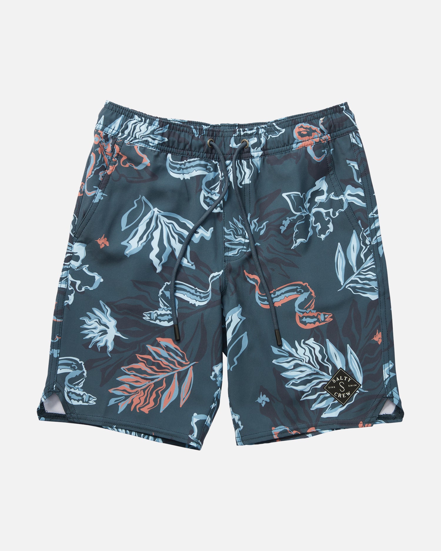 Front view of the Lowtide Boys Elastic Boardshort- Dark Slate. 