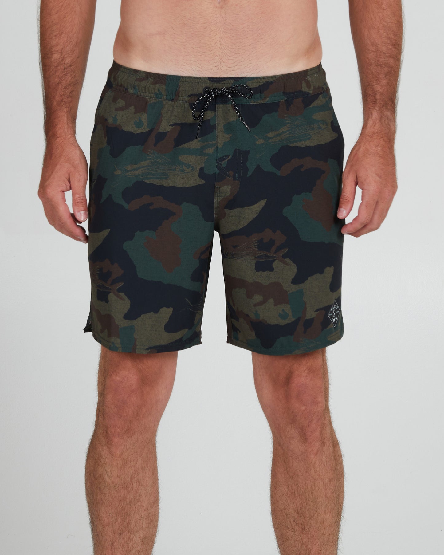 On body front of the Lowtide Camo Elastic Boardshort