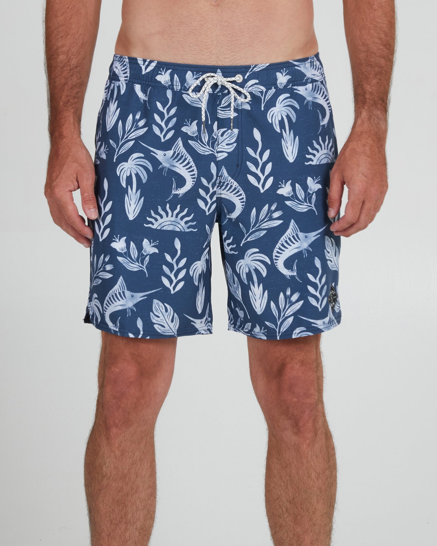 On body front of the Lowtide Denim/White Elastic Boardshort