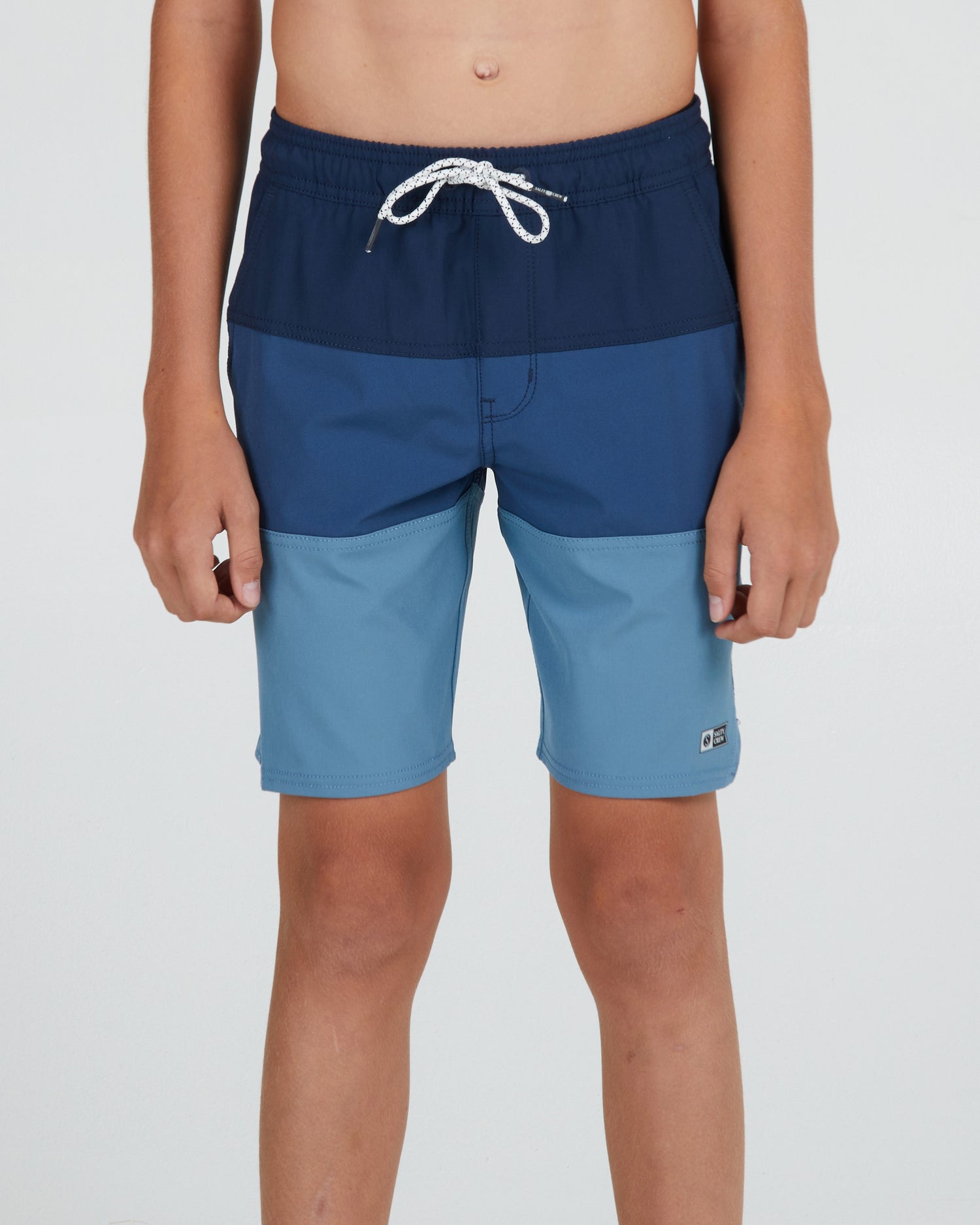 front view of Beacons 2 Boys Blue Elastic Boardshort