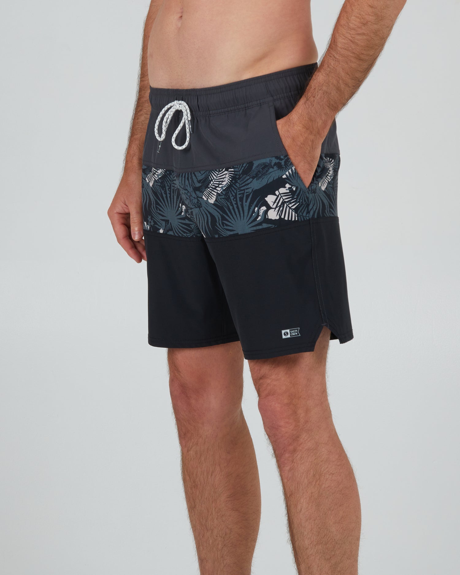 front angled view of Beacons 2 Charcoal Elastic Boardshort
