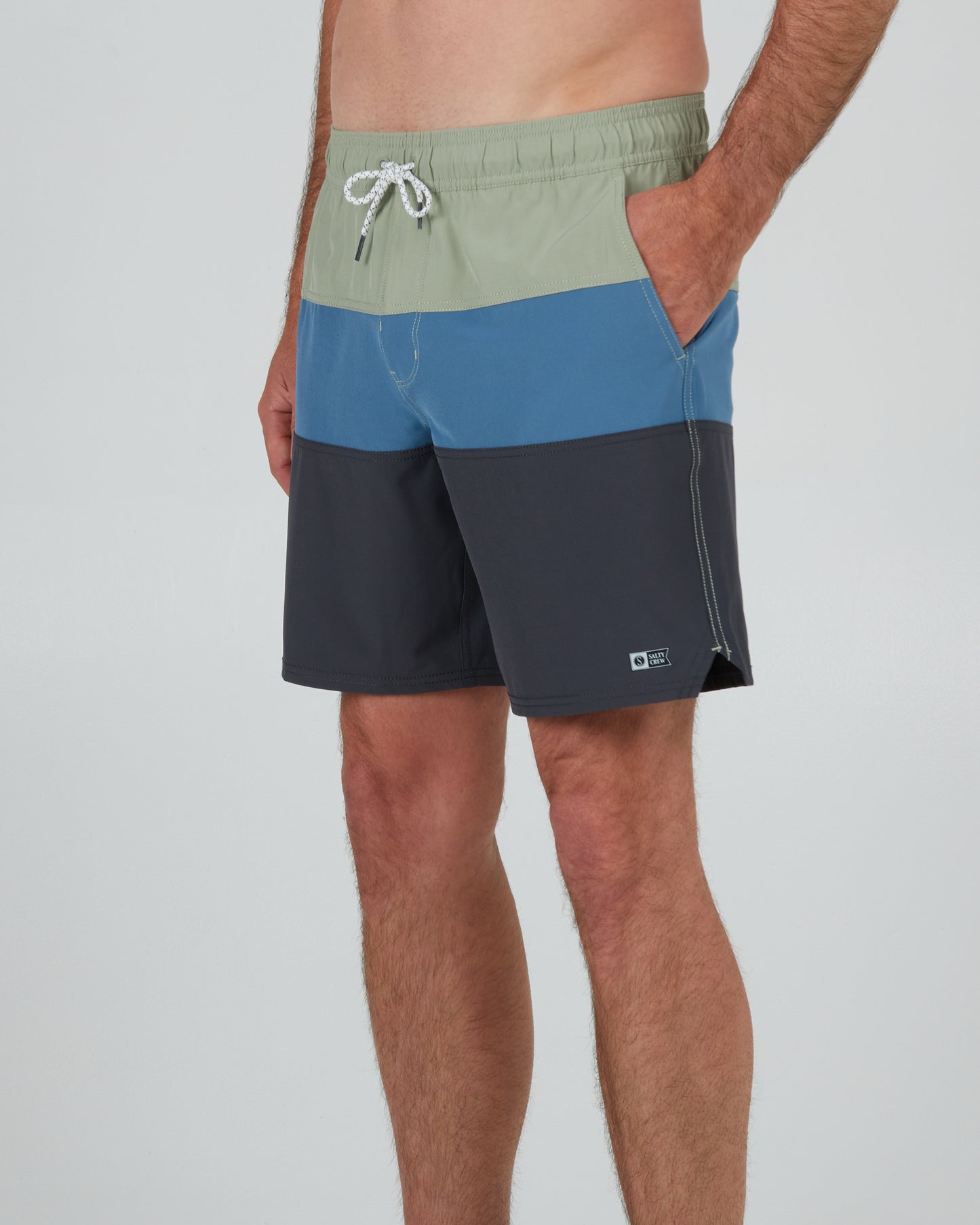 front angled view of Beacons 2 Dusty Sage Elastic Boardshort