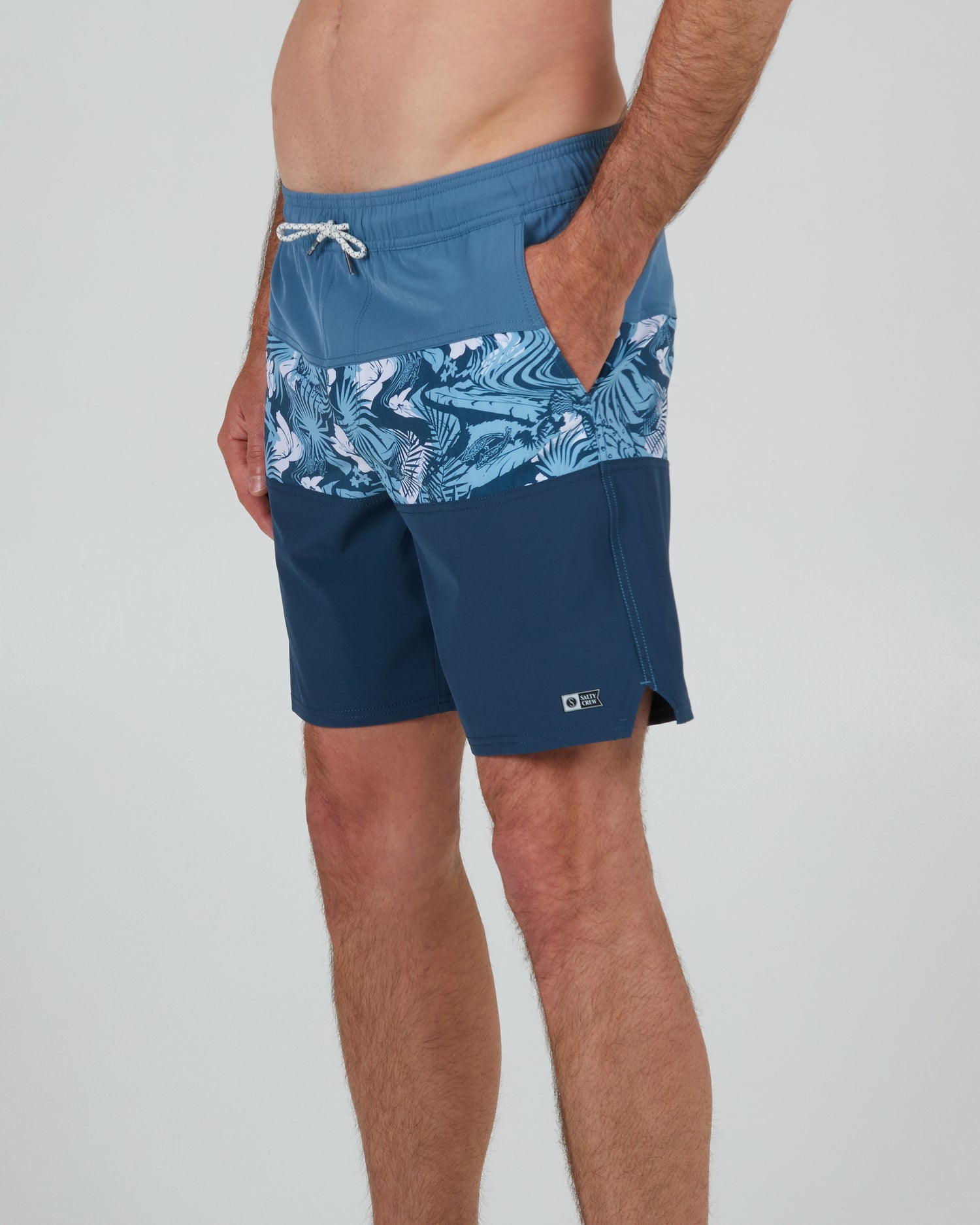 front angled view of Beacons 2 Slate Elastic Boardshort
