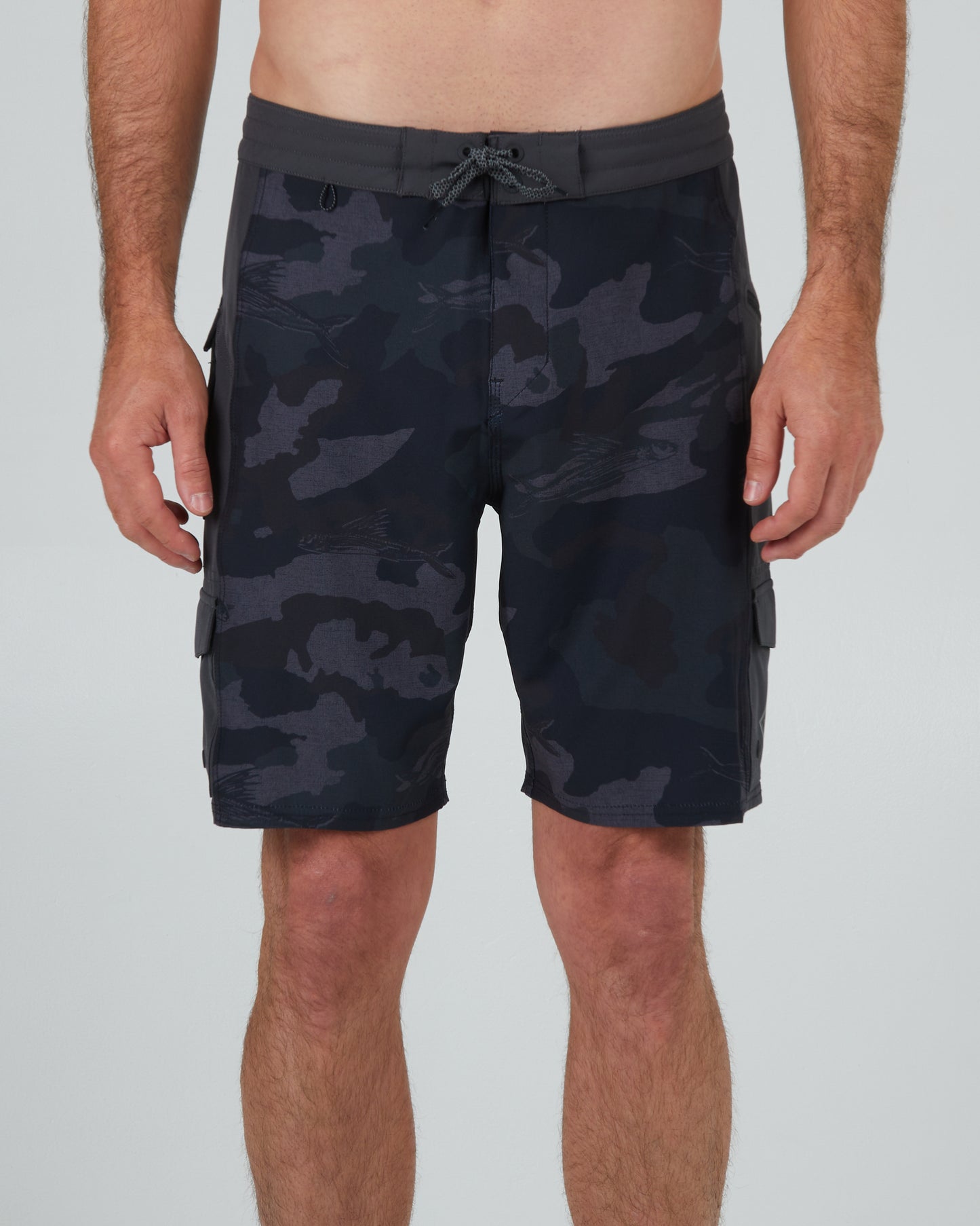 front view of Transom Black Camo Utility Boardshort