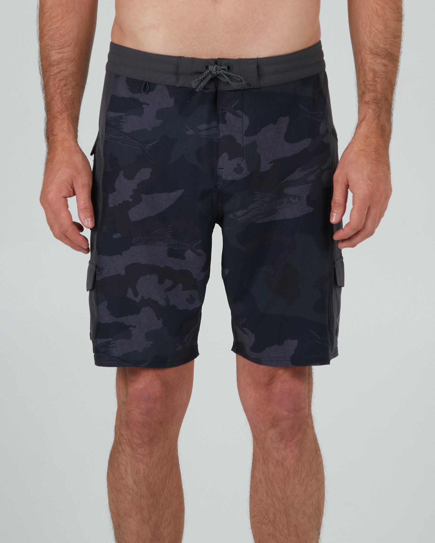 front view of Transom Black Camo Utility Boardshort