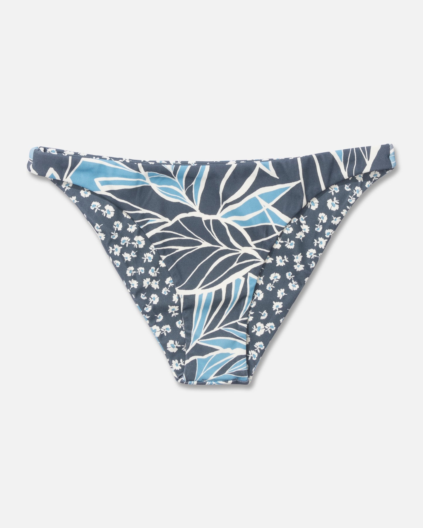 Studio image of the front of the Rattan Palms Reversible Midi Bikini Bottom - Fin Blue. 
