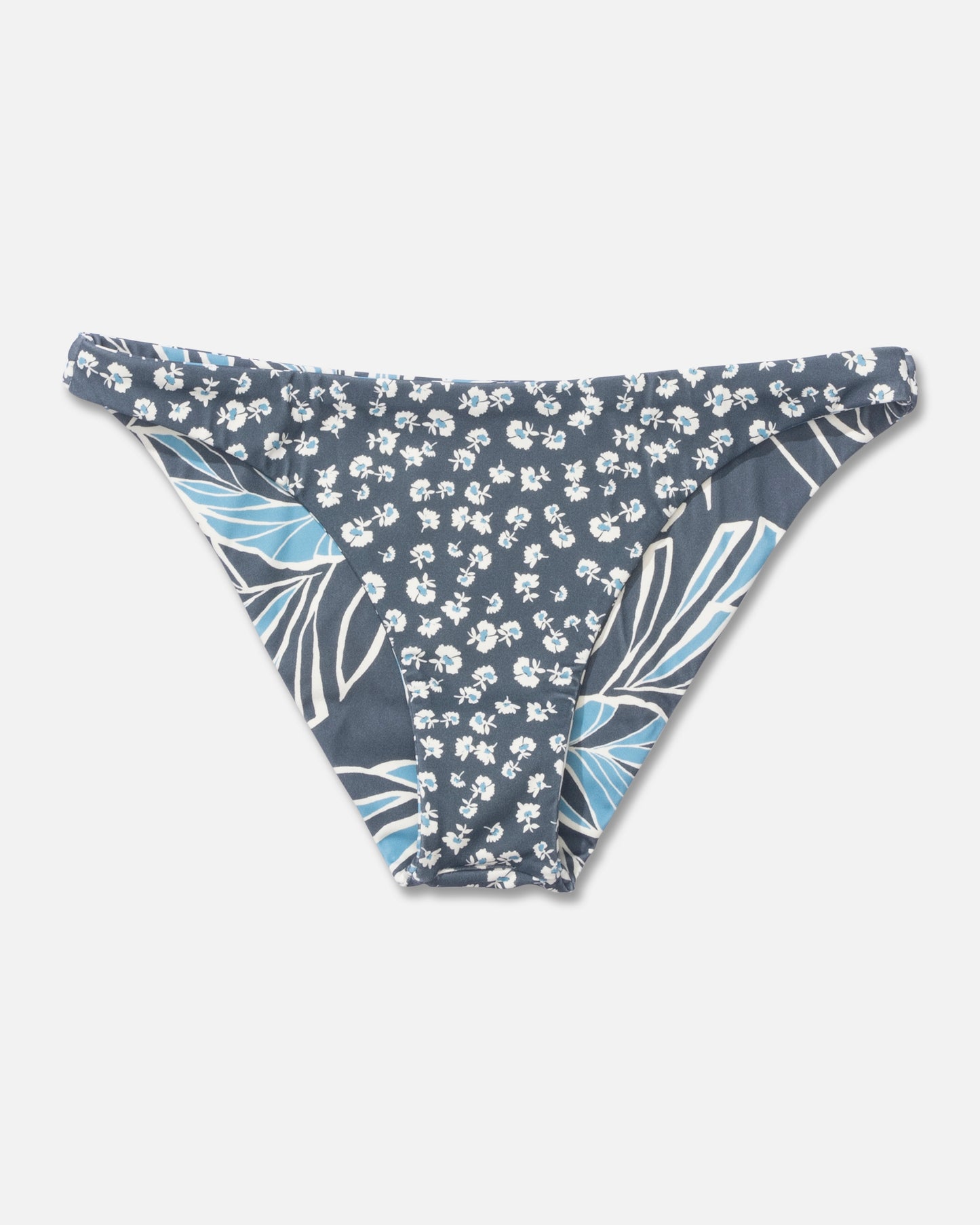 Studio image of the front of the Rattan Palms Reversible Midi Bikini Bottom - Fin Blue.  