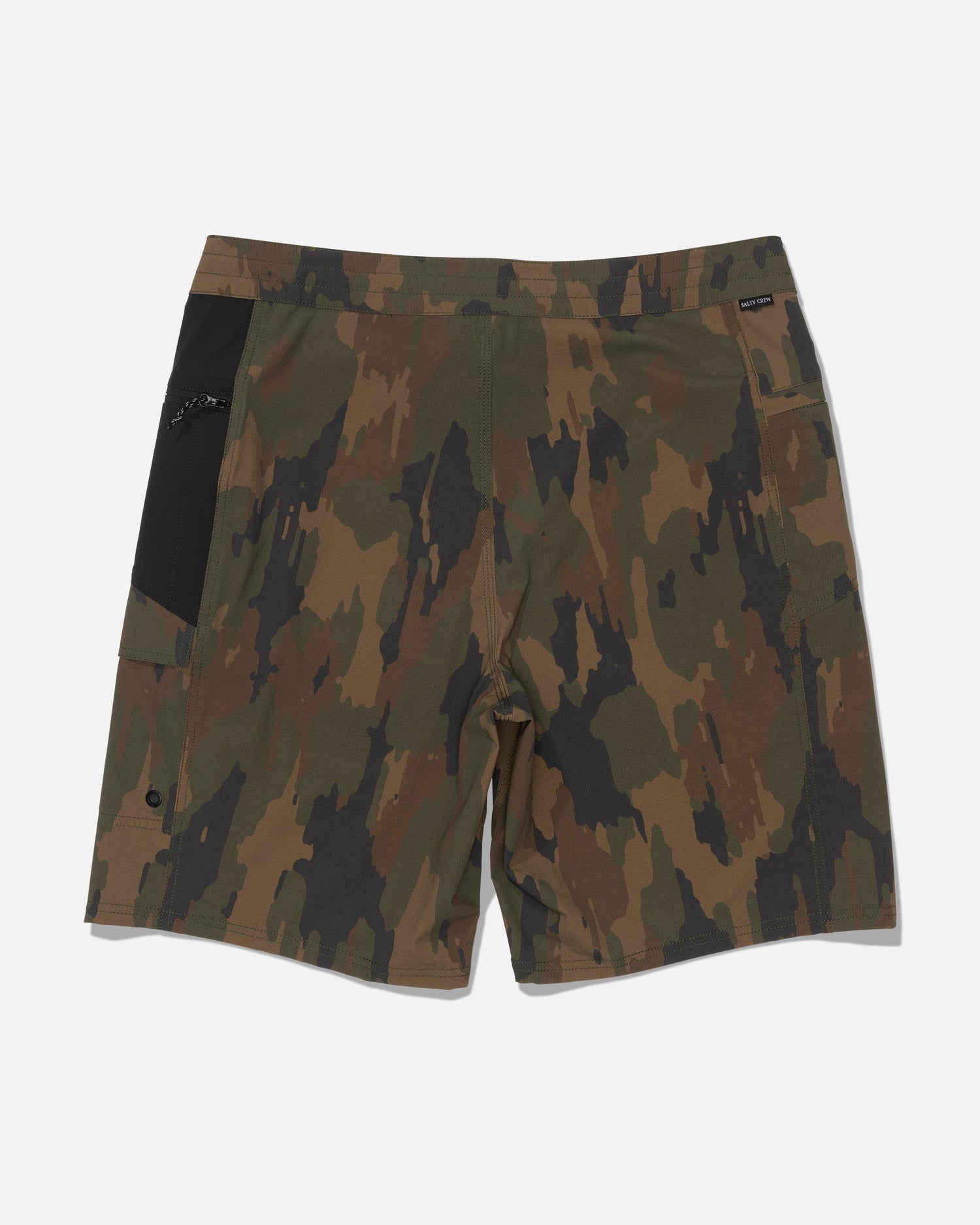 The Salty Crew Flagship 20″ Boatshort - Ranger features a camouflage pattern, is crafted from durable ripstop fabric, and includes a black zippered pocket on the right side, shown against a white background.