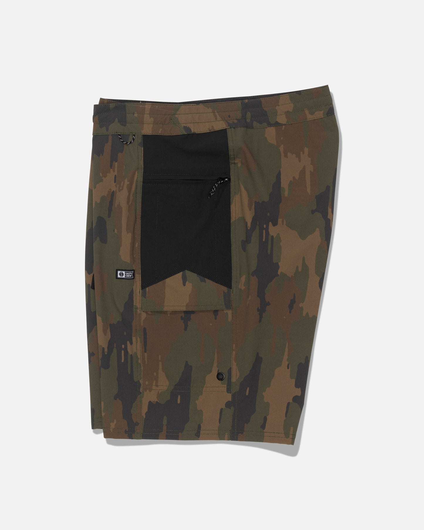 The Salty Crew Flagship 20″ Boatshort - Ranger features a camo pattern, crafted from durable ripstop fabric, and includes a black rectangular back pocket with a small flap and drawstring, displayed against a plain white background.