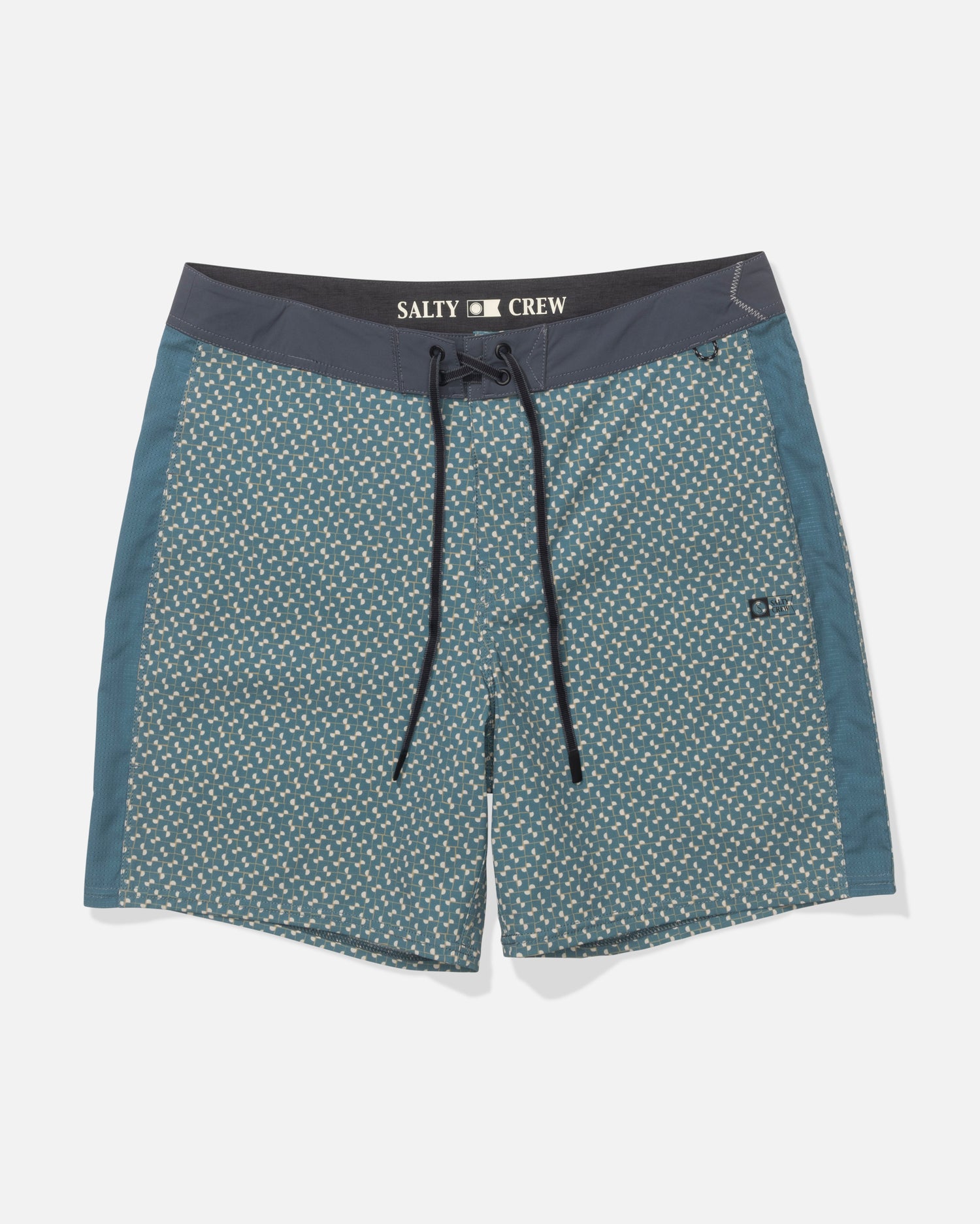 The Salty Crew Channel Apex Boardshort - Oceanic features a blue-green pattern, dark waistband with black drawstring, side panels, 4-way stretch performance fabric, small left-leg logo, and Salty Crew branding inside the waistband.