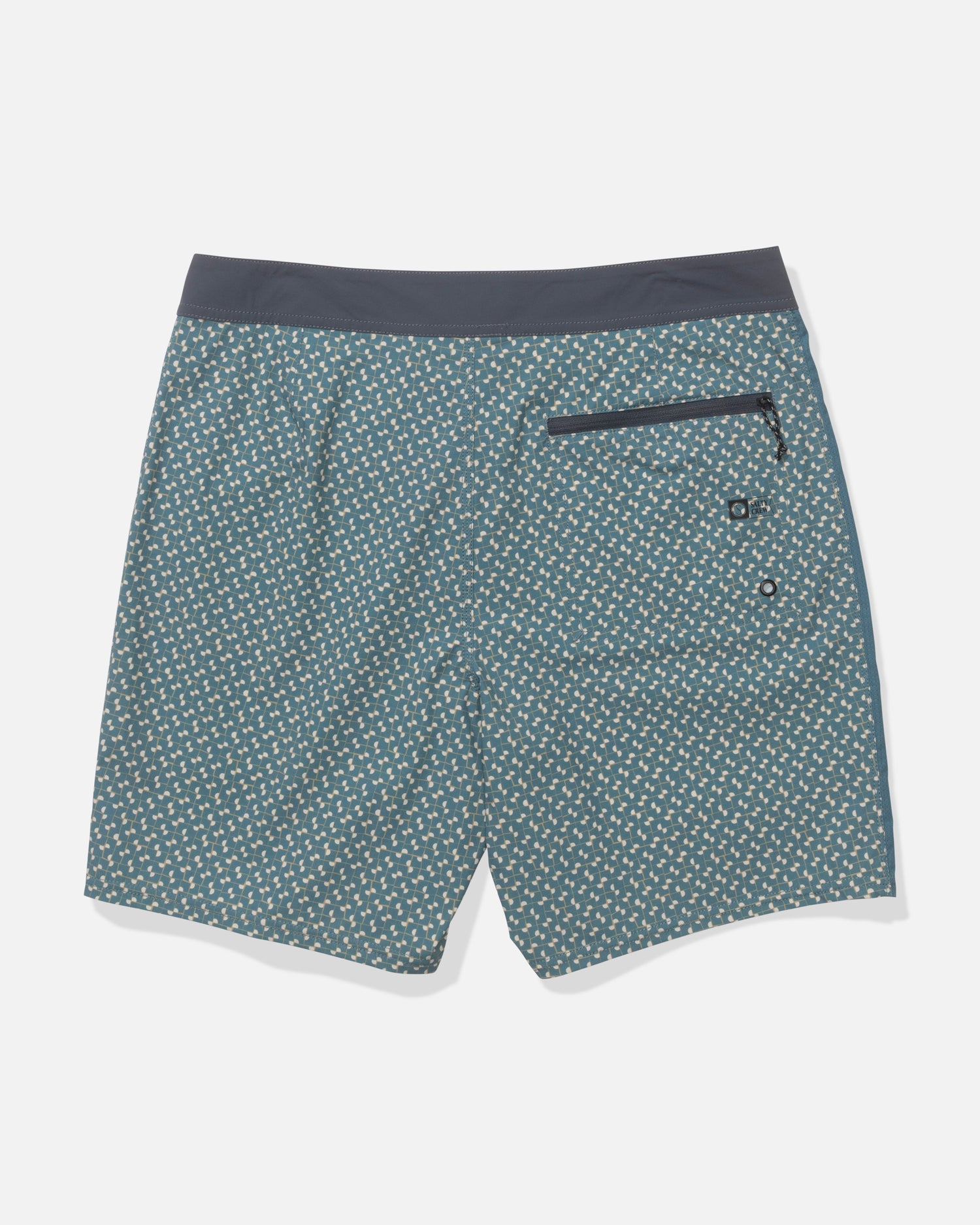 The Salty Crew Channel Apex Boardshort in Oceanic features a blue-green geometric print, dark waistband, zipper pocket, and two back grommets. Made from quick-dry fabric, the shorts are shown on a white background.
