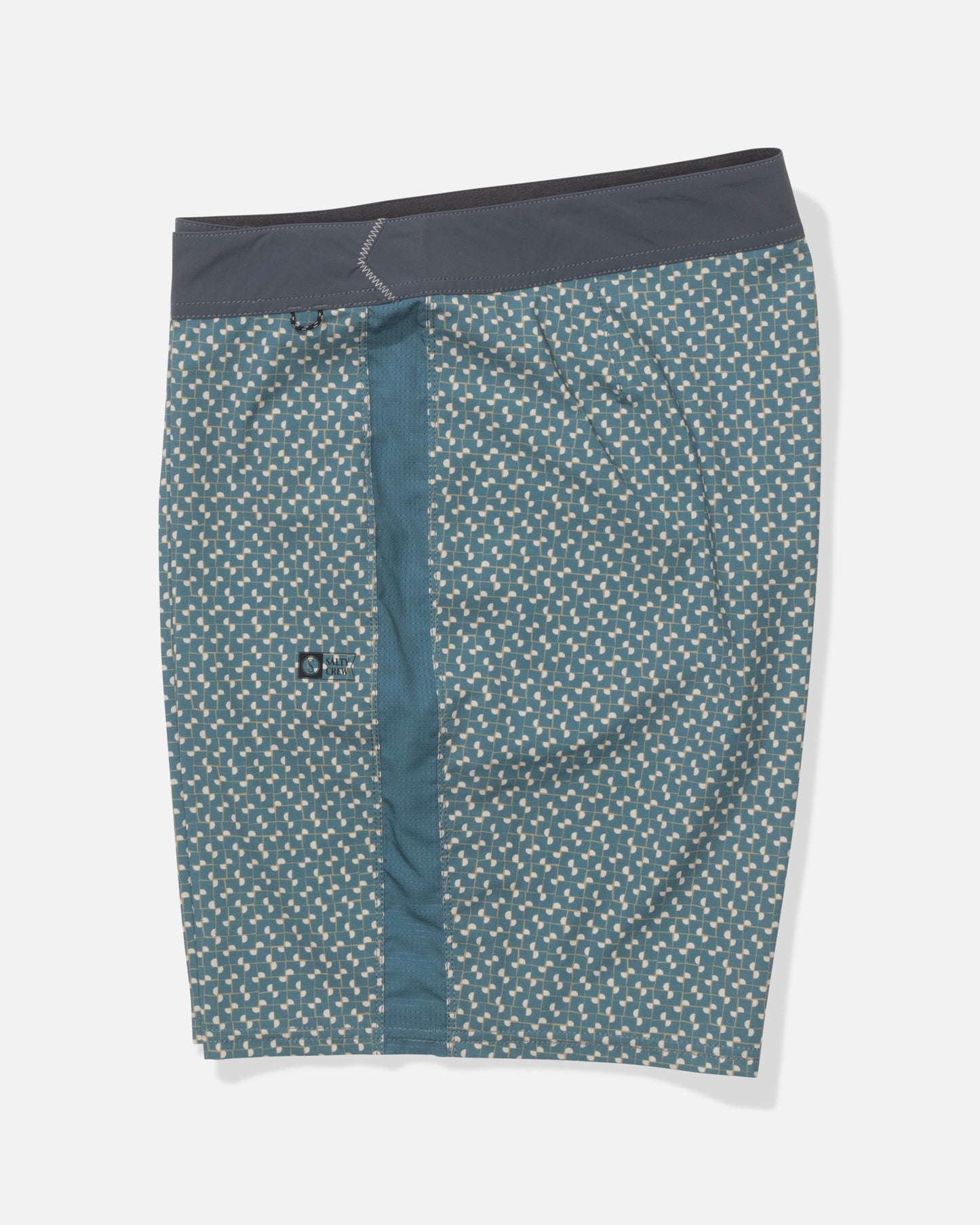 The Salty Crew Channel Apex Boardshort - Oceanic is a teal and gray men’s boardshort with a white geometric pattern, dark gray waistband, and vertical button fly, shown laid flat on a white background.