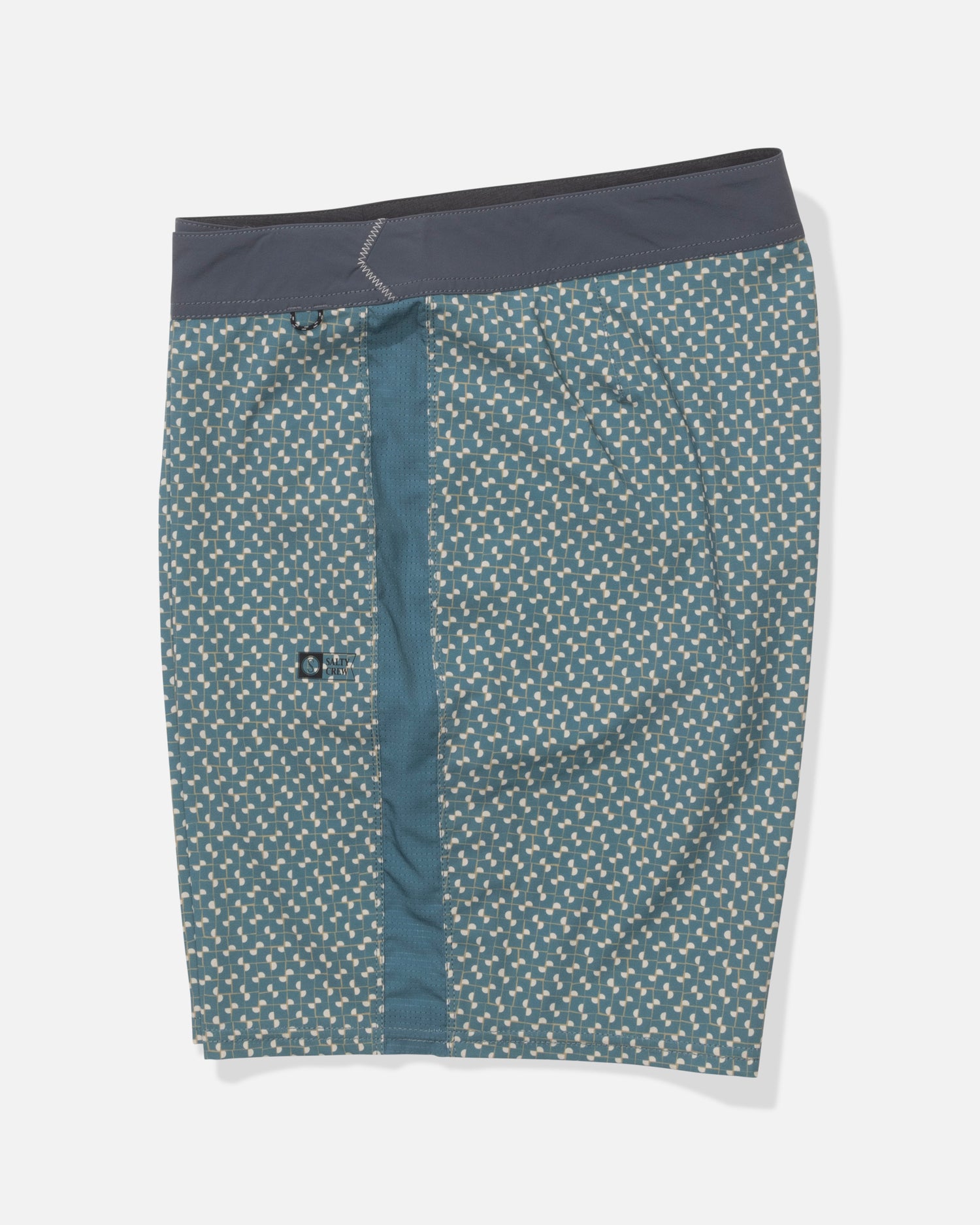 The Salty Crew Channel Apex Boardshort - Oceanic is a teal and gray men’s boardshort with a white geometric pattern, dark gray waistband, and vertical button fly, shown laid flat on a white background.