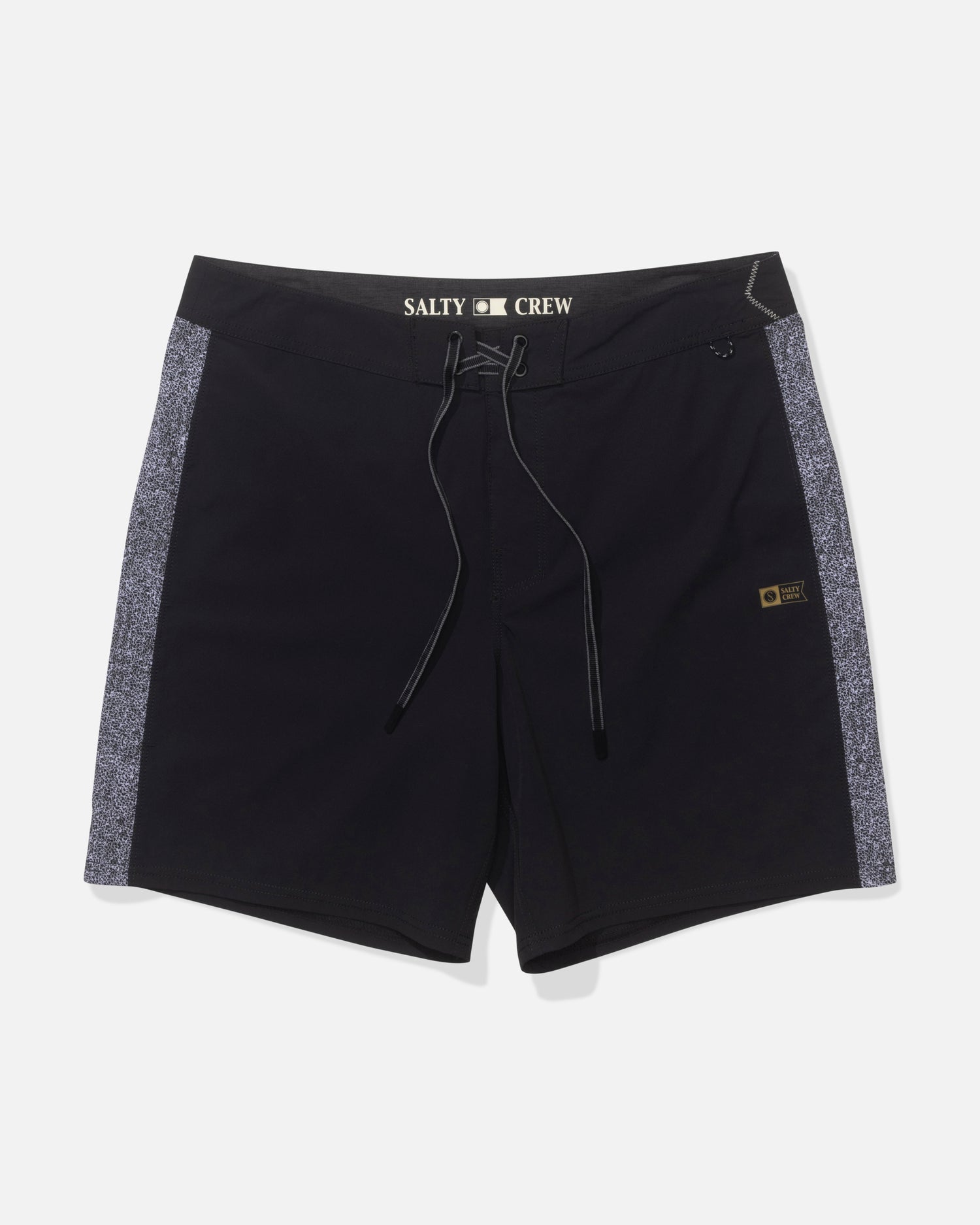 The Salty Crew Channel 18" Apex Boardshort in Pirate Black features dark gray side panels, a lace-up front, quick-dry performance fabric, and a yellow-black logo patch with the Salty Crew name in white on the waistband.