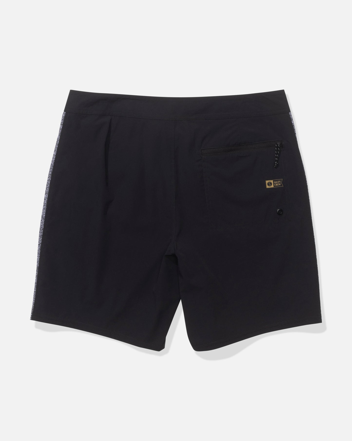 The Salty Crew Channel 18" Apex Boardshort in Pirate Black is shown from the back, made of durable 4-way stretch fabric. Features a right zippered pocket with a small yellow and black label, set against a plain white background.
