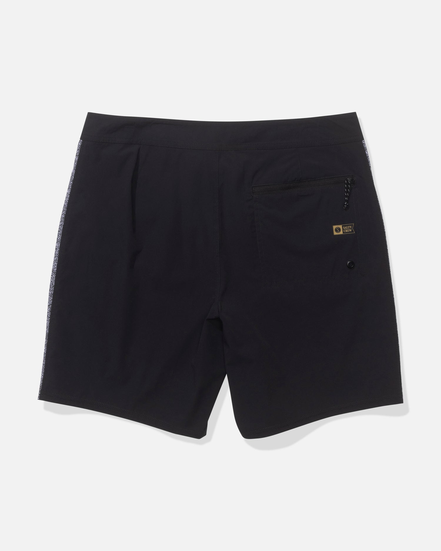 The Salty Crew Channel 18" Apex Boardshort in Pirate Black is shown from the back, made of durable 4-way stretch fabric. Features a right zippered pocket with a small yellow and black label, set against a plain white background.