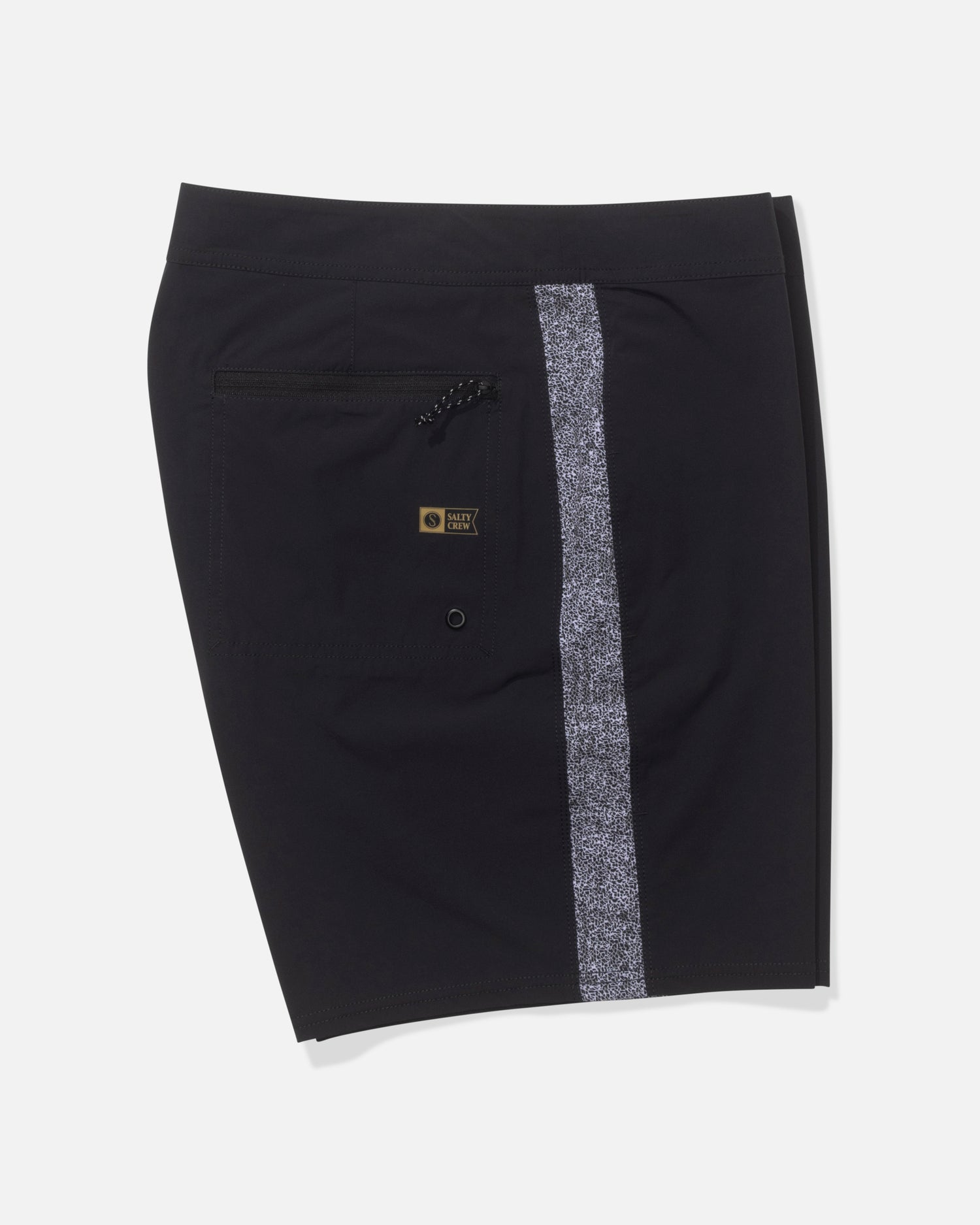 The Salty Crew Channel 18" Apex Boardshort in Pirate Black features durable performance fabric, a vertical gray speckled stripe, back zipper pocket, and small logo patch above the pocket, shown on a plain white background.