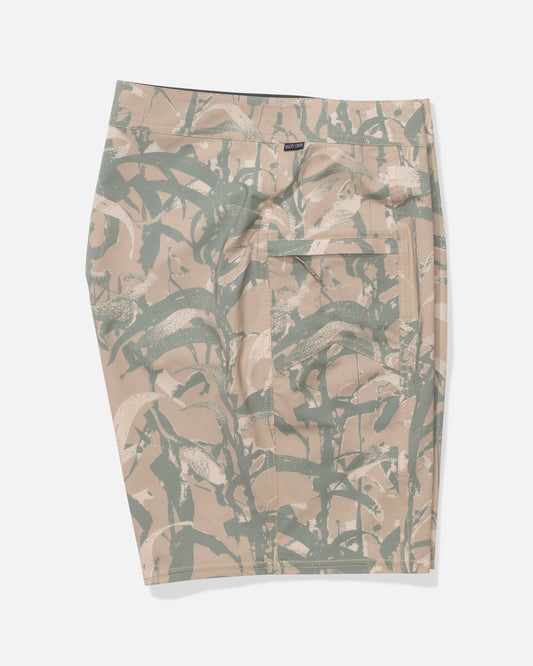 The Salty Crew Flagship 20" Boardshort in Kelp Camo features a tan and light green abstract camo pattern. Displayed flat on a white background, these quick-dry shorts highlight the waistband and back pocket details.